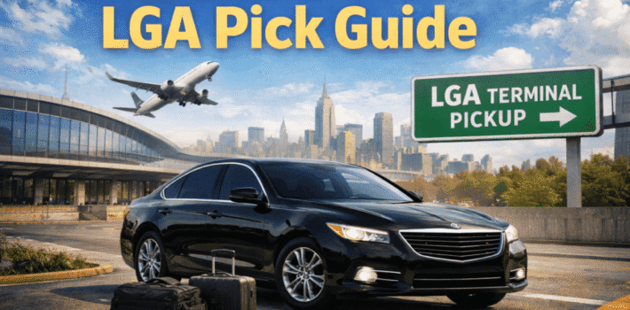 Rideline black car service pickup guide at LaGuardia Airport (LGA) with luxury sedan and NYC skyline.