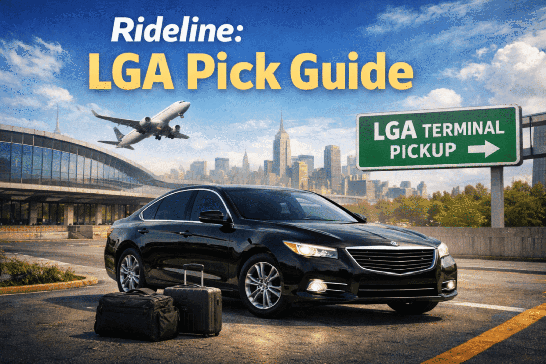 Rideline black car service pickup guide at LaGuardia Airport (LGA) with luxury sedan and NYC skyline.