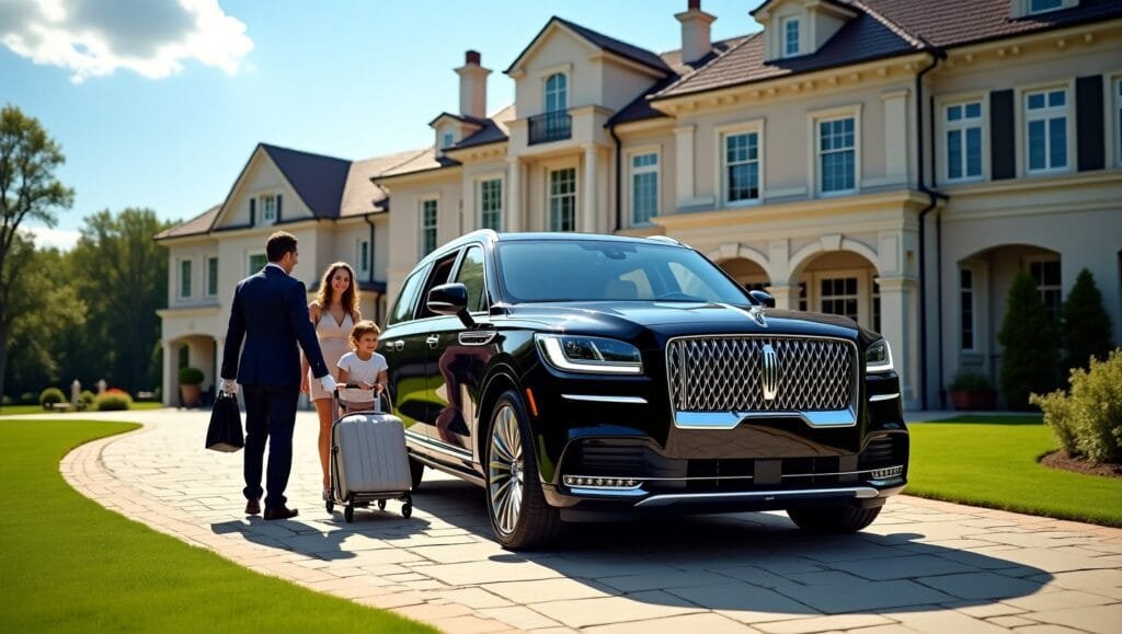 Car Service Hamptons to LGA Luxury black SUV parked on the driveway of luxurious Hamptons house with a professional chauffeur loading luggage for a LGA airport transfer.