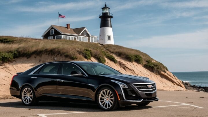 Sleek black sedan parked near Montauk Lighthouse, showcasing Rideline's reliable car service near you.