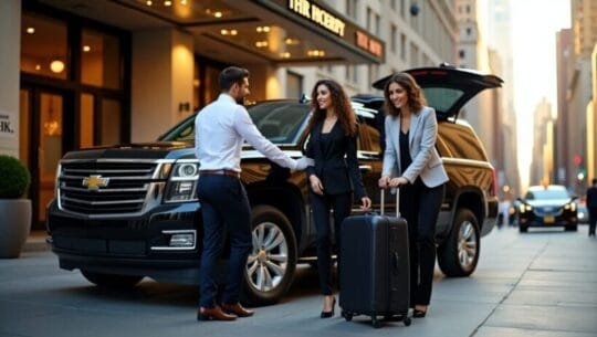 LGA Car Service to Manhattan Black luxury SUV parked outside a Manhattan hotel for LGA airport car service pickup.