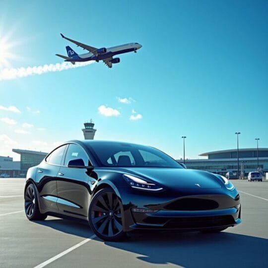 LGA to CT car service Luxury black sedan parked curbside at LaGuardia Airport (LGA) Terminal B for Connecticut-bound car service.