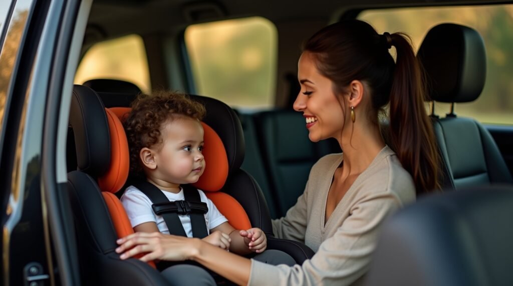 Long Island Car Service with Car Seat Professional Long Island car service with child car seat – Luxury black SUV parked outside JFK Airport, featuring a rear-facing infant seat installed by a uniformed driver. Family-friendly, safe, and reliable rides for New York travelers.