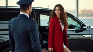 Rideline chauffeur welcoming passenger to luxurious SUV for comfortable ride to Newark Airport from Long Island, showcasing premium car service.