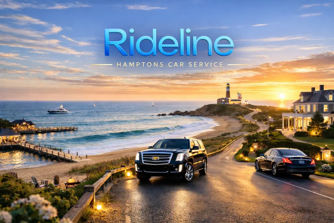 Hamptons car service luxury SUV on coastal road near Montauk Lighthouse at sunset.