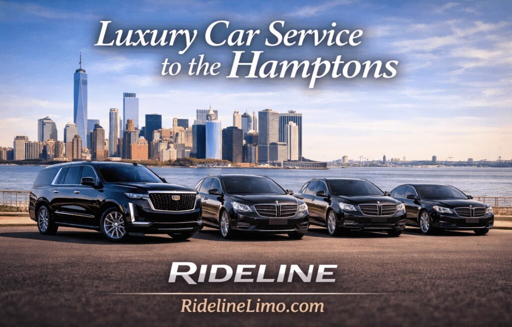 Luxury Car Service from NYC to Hamptons | Rideline Luxury Rideline Manhattan to Hamptons car service fleet with black SUVs and sedans in front of the NYC skyline at sunset.