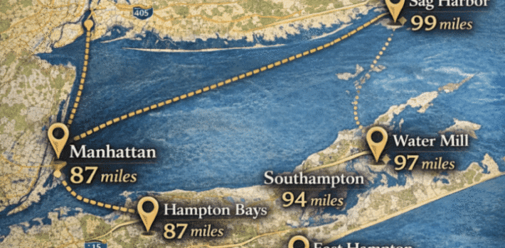 Distance map from Manhattan to Hamptons towns including Southampton, East Hampton, Sag Harbor, and Montauk.