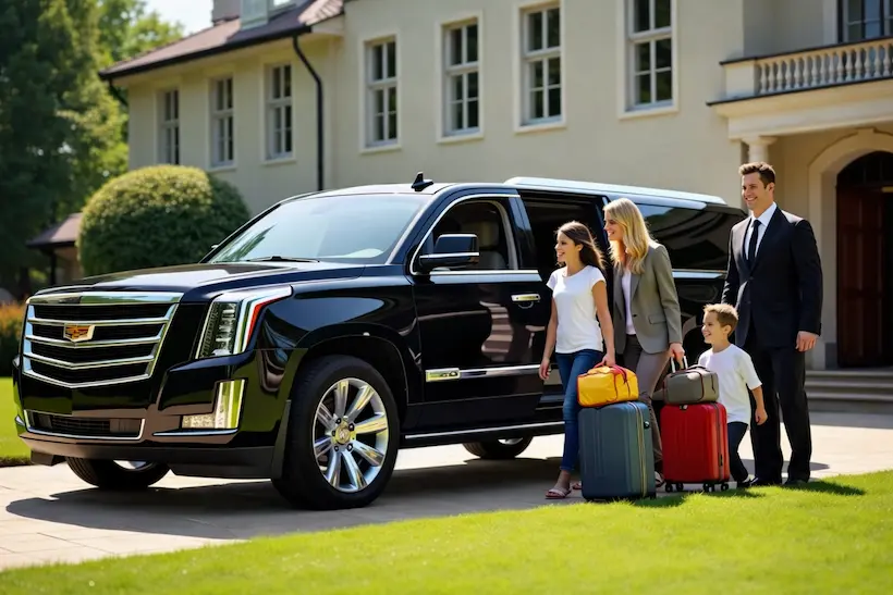 Connecticut airport car service to LaGuardia with family boarding luxury SUV.