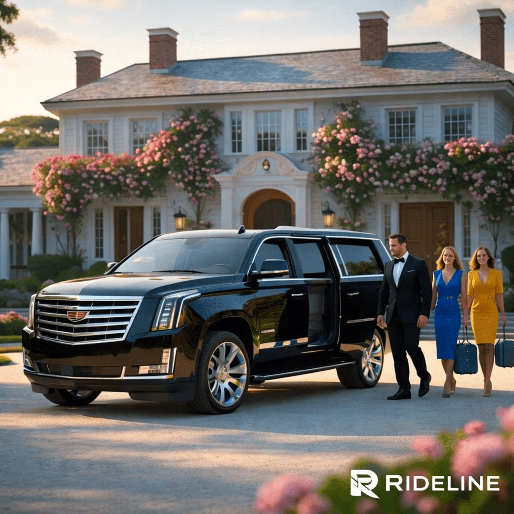 Hamptons to Manhattan car service with luxury Cadillac Escalade and chauffeur outside Southampton estate