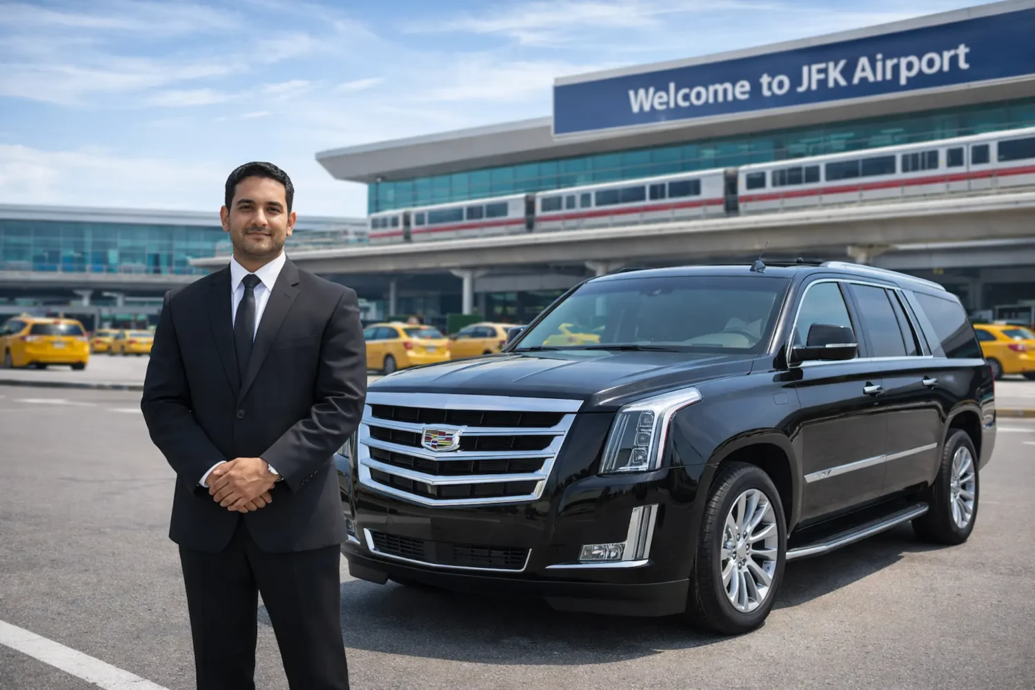 JFK Car Service with Cadillac Escalade – Luxury Airport Transfer | Rideline JFK car service with Cadillac Escalade and professional chauffeur at JFK airport terminal.