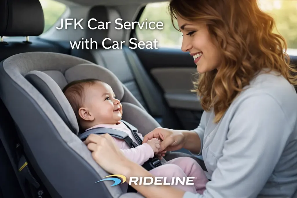 JFK Car Service with Car Seat | Safe Airport Transportation – Rideline Mother securing baby in car seat inside luxury vehicle for JFK car service with car seat by Rideline.