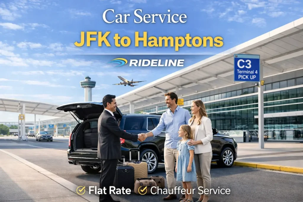 JFK to Hamptons Car Service | Terminal 4 Pickup Chauffeur – Rideline Rideline chauffeur greeting family at JFK Terminal 4 curbside pickup C3 for car service to the Hamptons with luggage and black SUV.