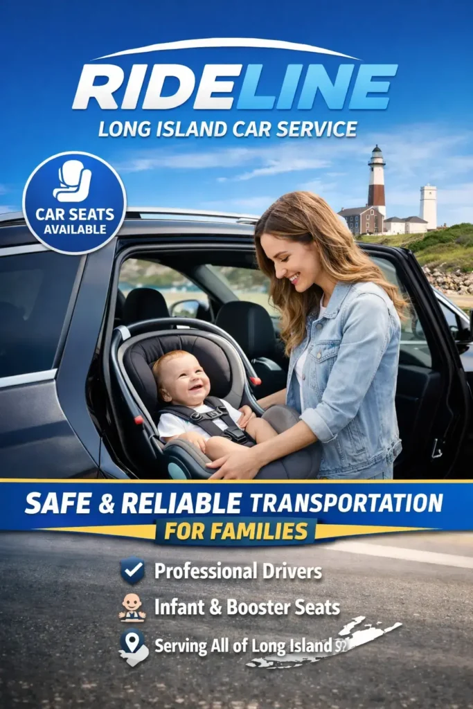 Mother securing smiling baby in a car seat inside a luxury black SUV from Rideline Long Island car service for safe airport transportation.