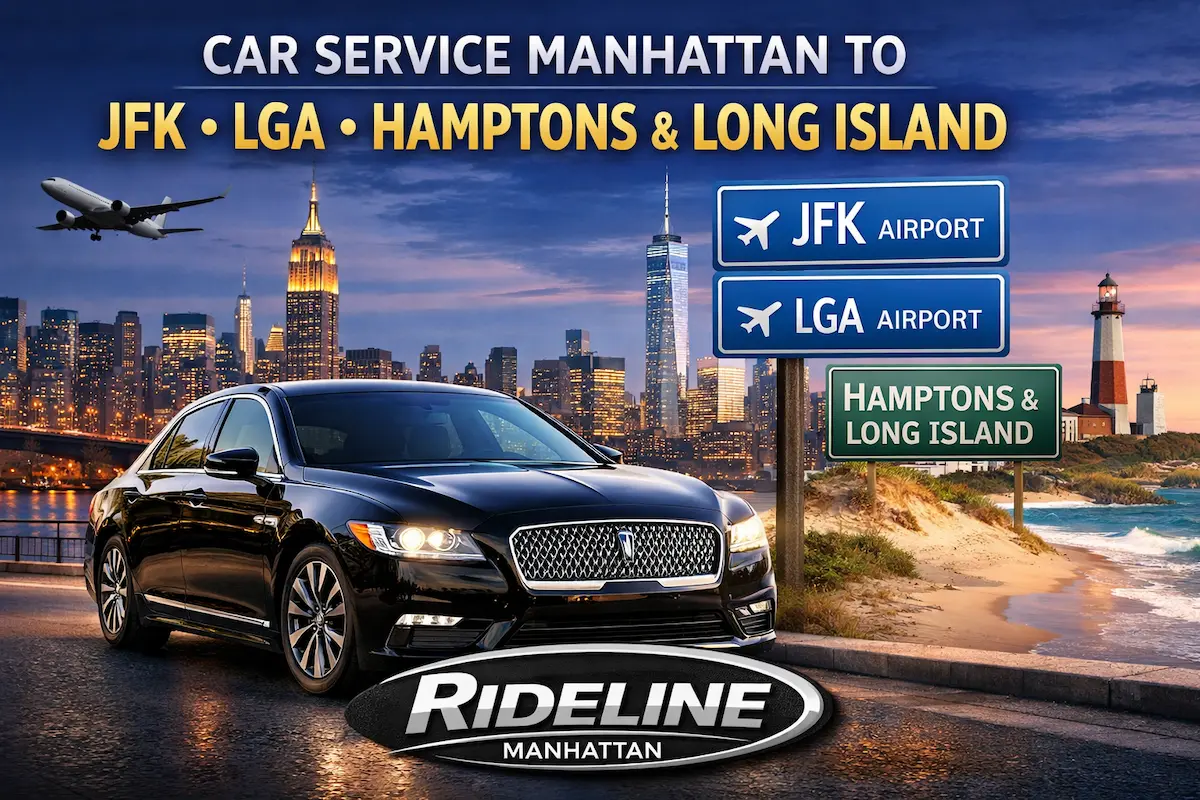 Luxury Manhattan car service by Rideline to JFK Airport, LaGuardia Airport, the Hamptons, and Long Island with premium sedan and skyline view