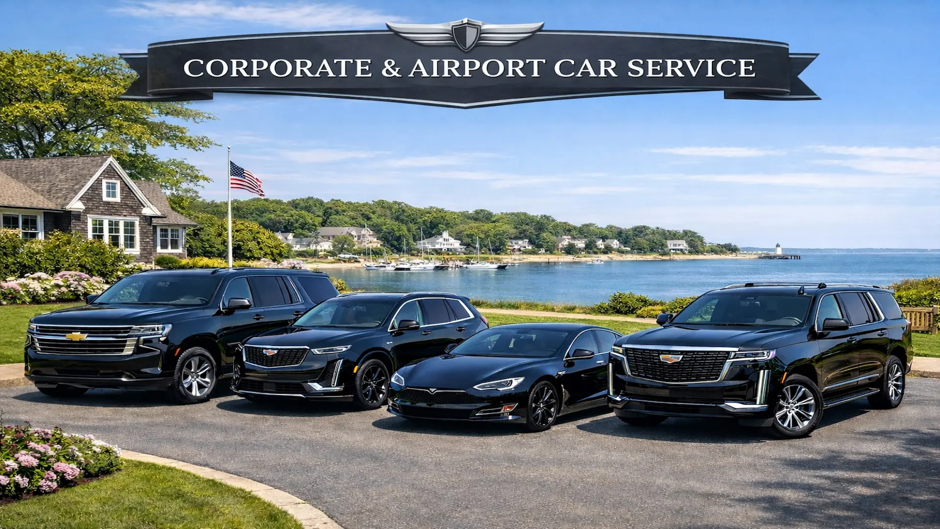 Luxury black car service fleet Long Island for corporate and airport transportation.