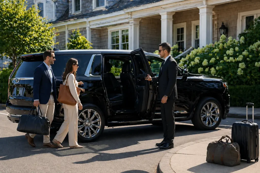 Professional chauffeur assisting passengers with luggage into luxury SUV for Hamptons to JFK airport car service