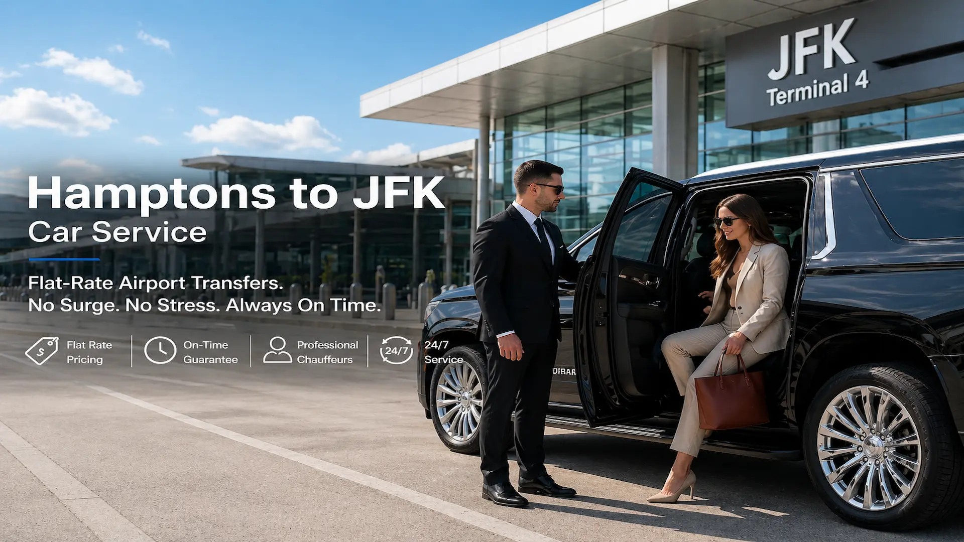 Hamptons to JFK car service with professional chauffeur assisting passenger into luxury SUV at JFK Terminal 4.