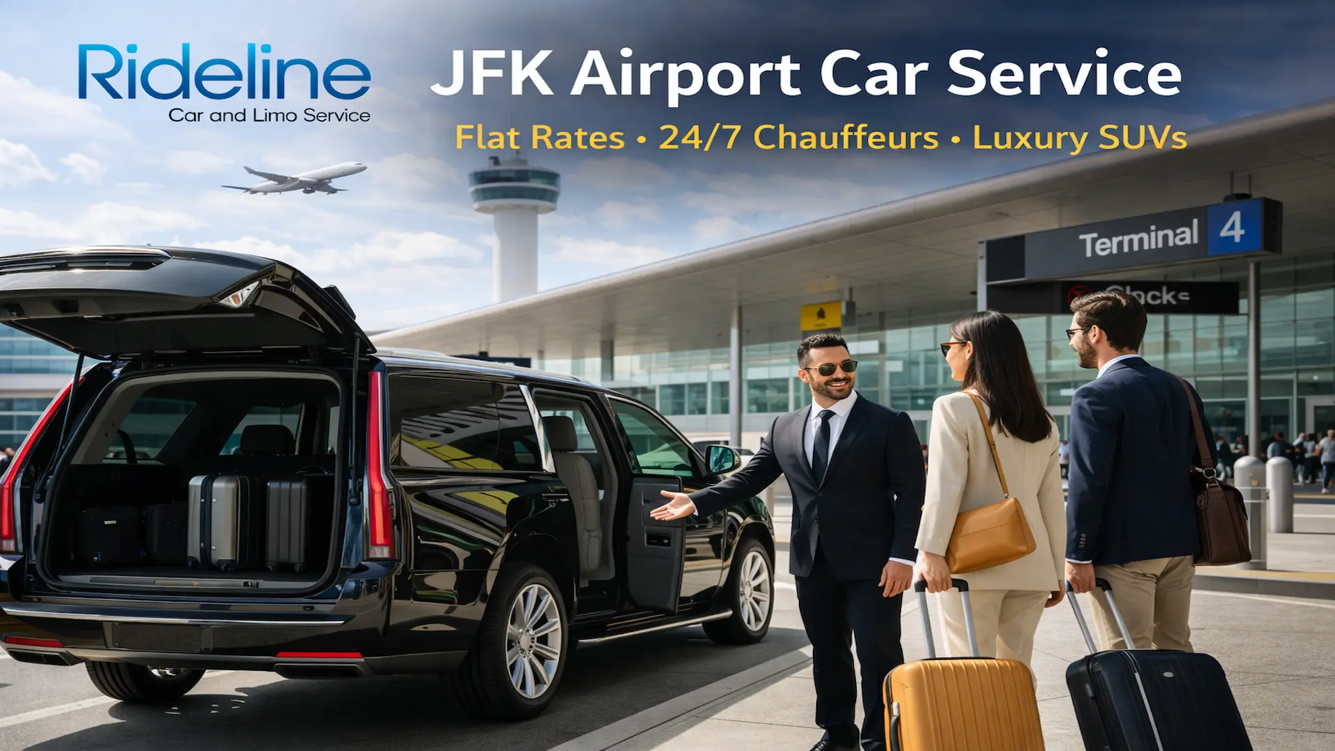 JFK airport car service chauffeur assisting passengers with luggage curbside – Rideline