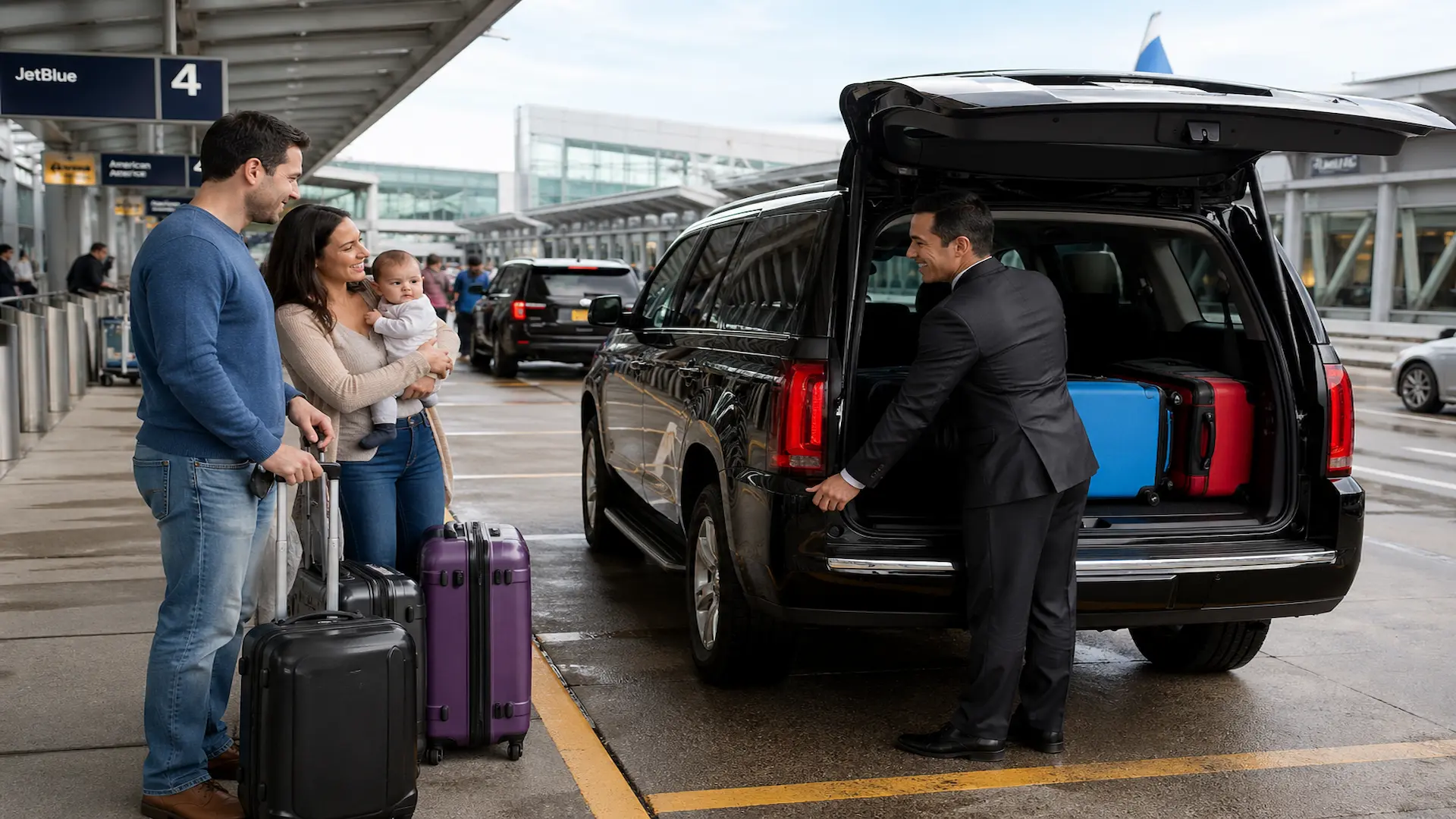 JFK car service to Manhattan with chauffeur loading luggage into black SUV at JFK Airport JetBlue terminal curbside.