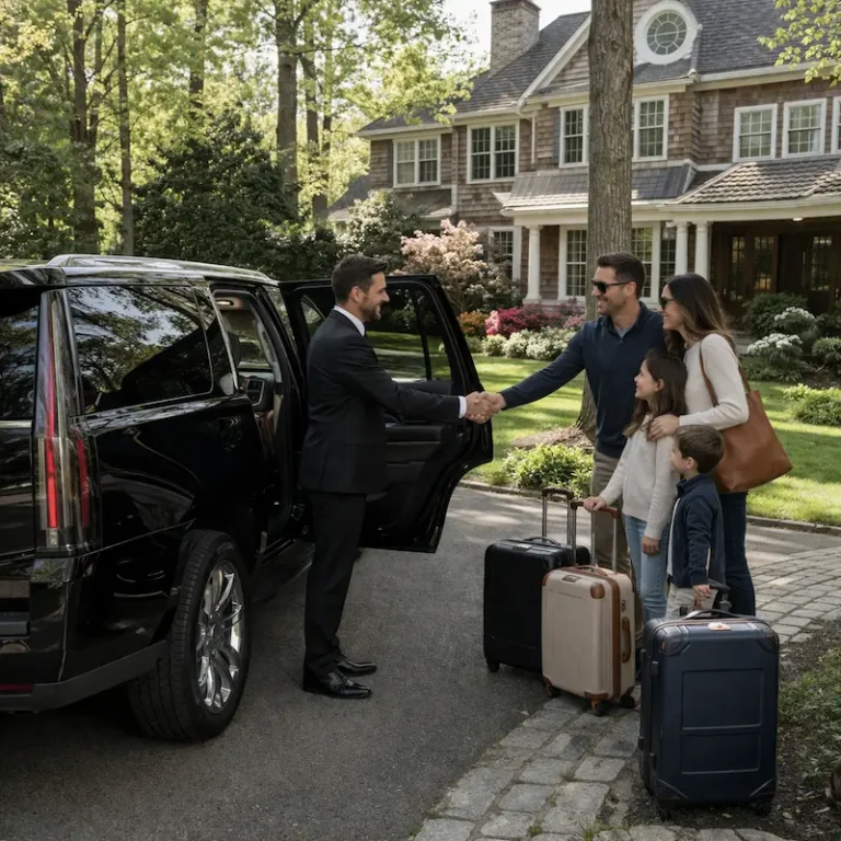 Long Island car service to JFK with chauffeur greeting family at home with luggage and SUV.
