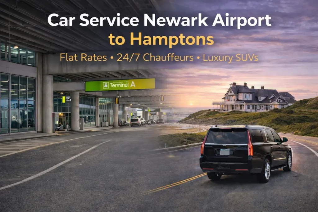 Luxury SUV car service from Newark Airport to the Hamptons driving along coastal road at sunset.