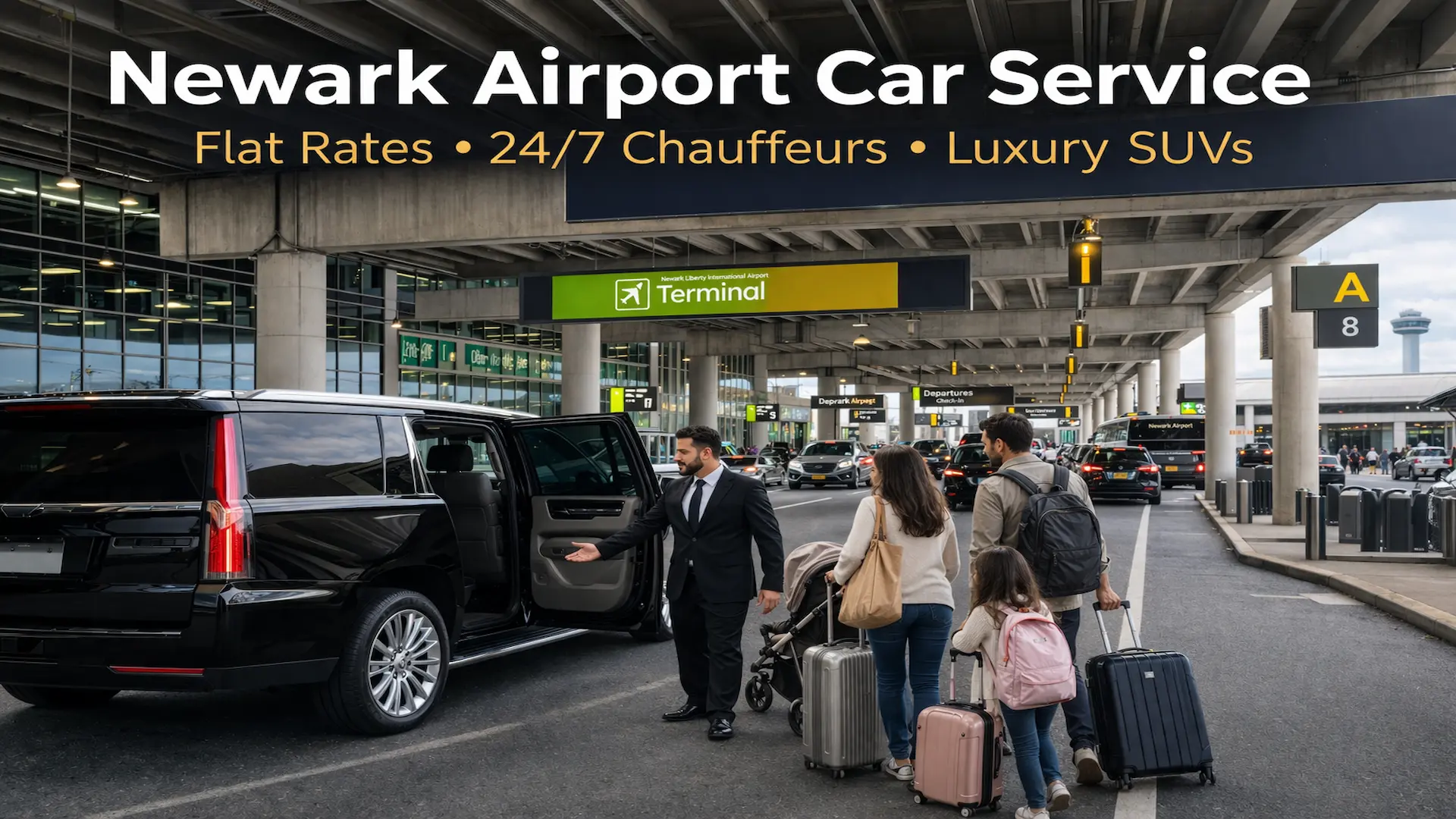 Newark Airport car service curbside pickup at EWR Terminal A with chauffeur assisting family with luggage and stroller near luxury SUV.