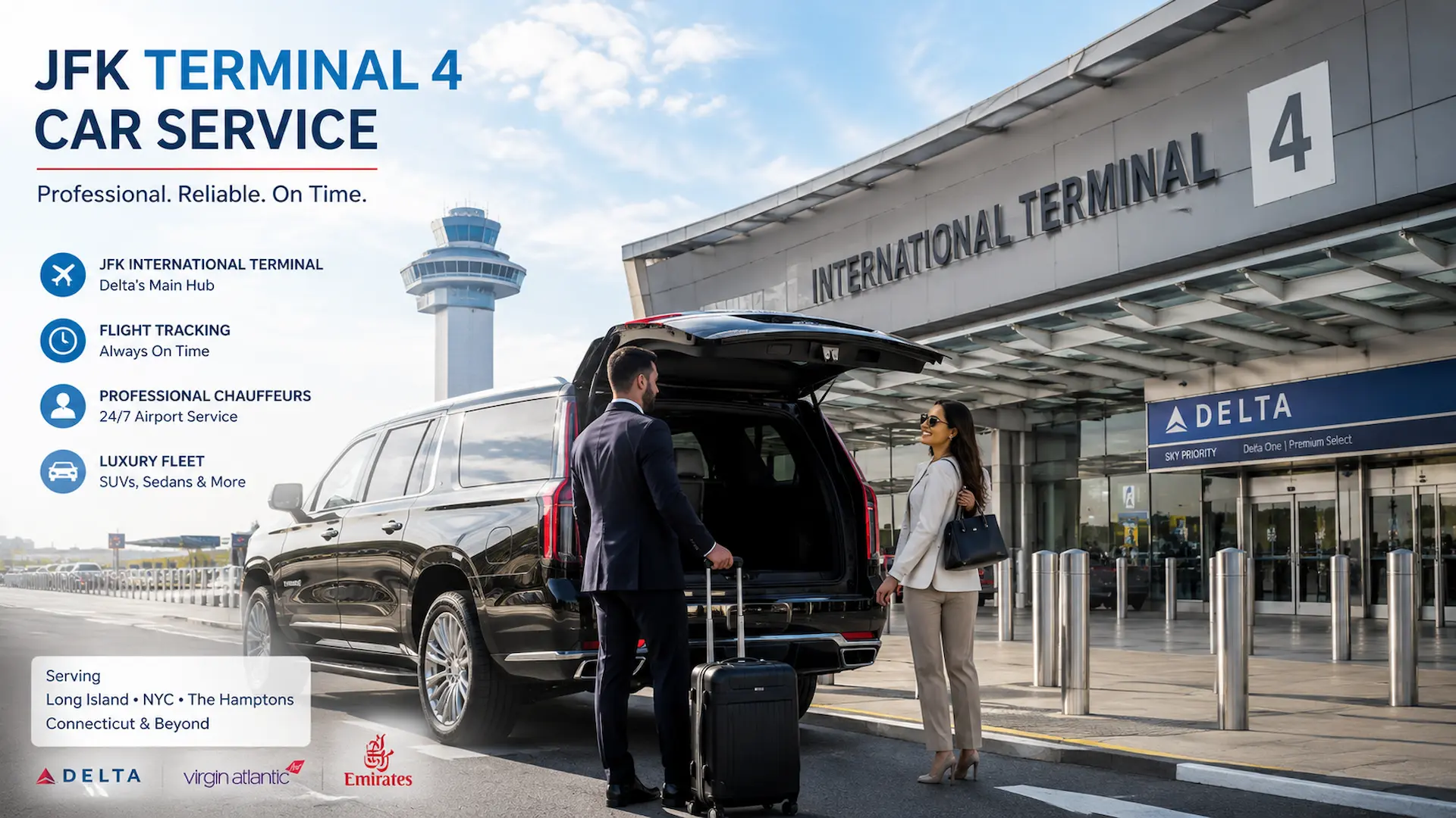 JFK Terminal 4 Car Service – Luxury Airport Transportation | Rideline Rideline chauffeur pickup at JFK Terminal 4 with luxury SUV airport car service.