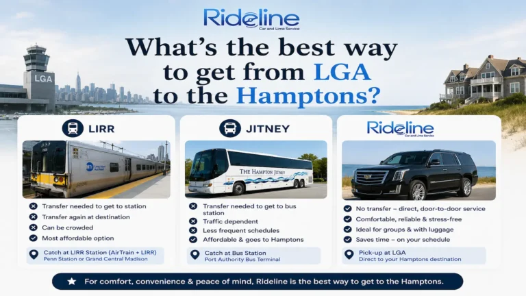 Compare Rideline, LIRR, and Hampton Jitney transportation from LGA to the Hamptons.