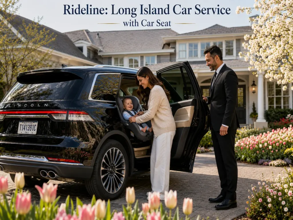 Mother securing her smiling baby in a car seat inside a luxury black SUV, showcasing Rideline Long Island car service for safe and comfortable airport transportation.