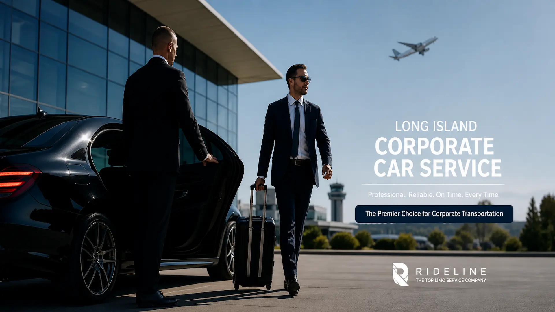 Chauffeur opening door for business executive with luggage beside black luxury sedan for Long Island corporate car service.