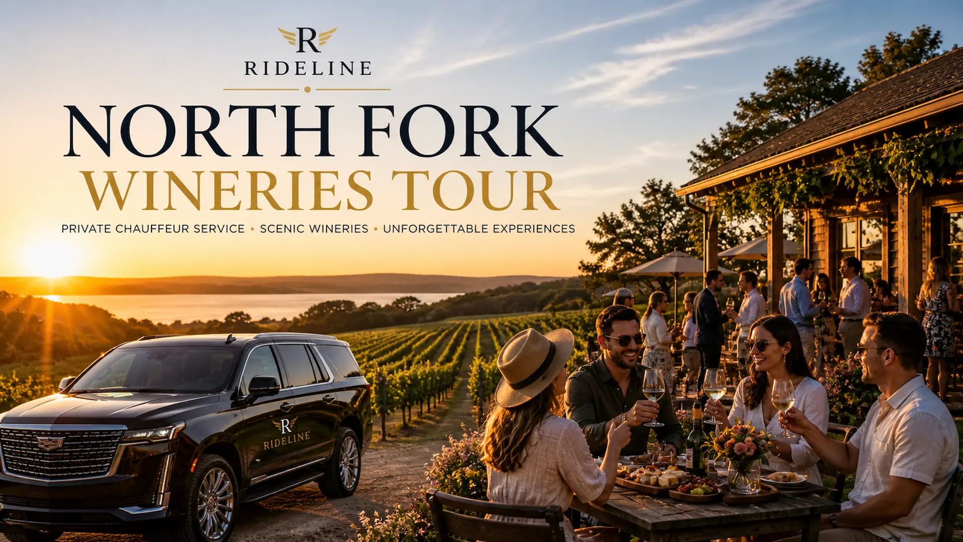 North Fork wineries tour with luxury SUV, vineyard at sunset, and guests enjoying outdoor wine tasting.