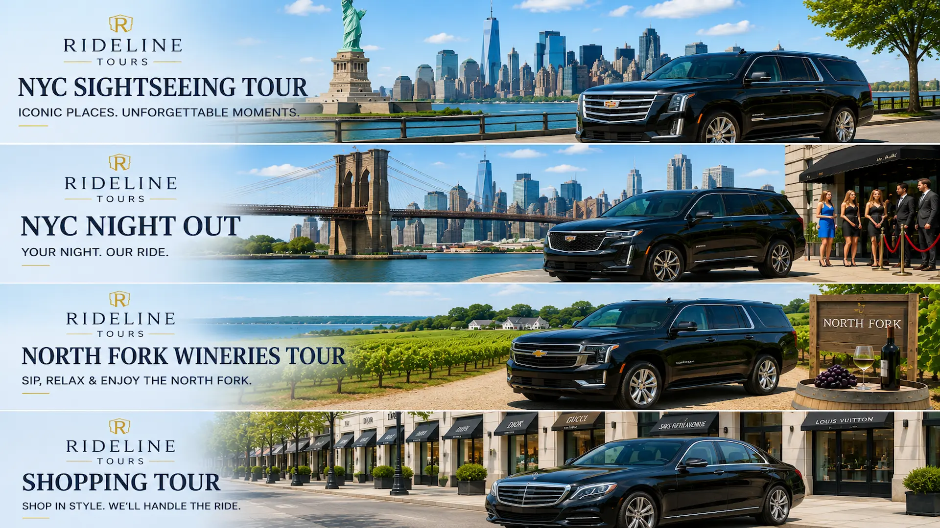 Rideline NYC tour packages — sightseeing, night out, North Fork wineries, and shopping tour with luxury chauffeured vehicles.