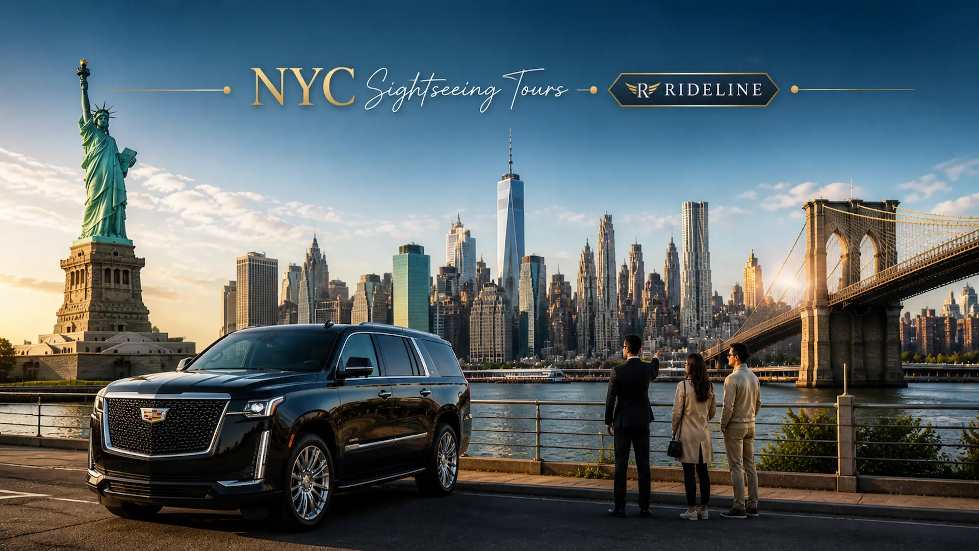 NYC sightseeing tour with luxury SUV, Statue of Liberty, Brooklyn Bridge, and Manhattan skyline.