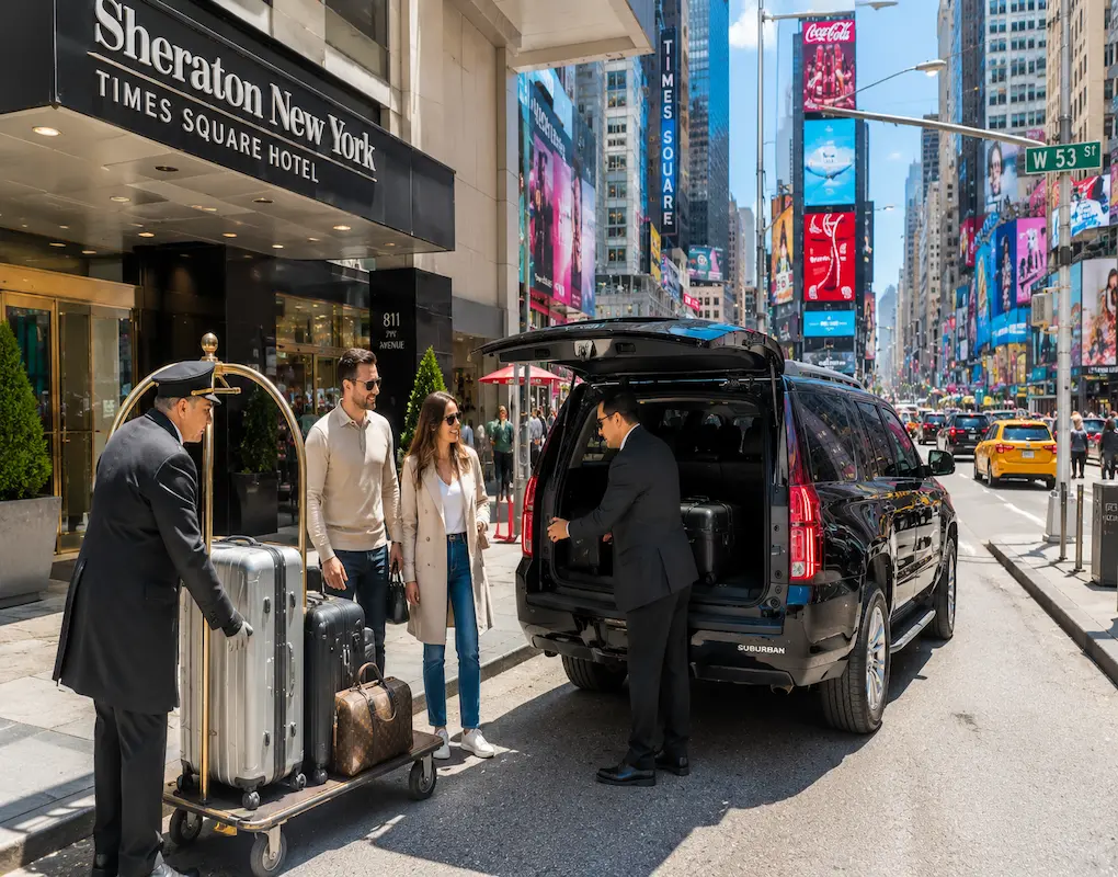 Chauffeur and hotel doorman loading luggage into black SUV during pickup at Sheraton Times Square on 7th Avenue in New York City.