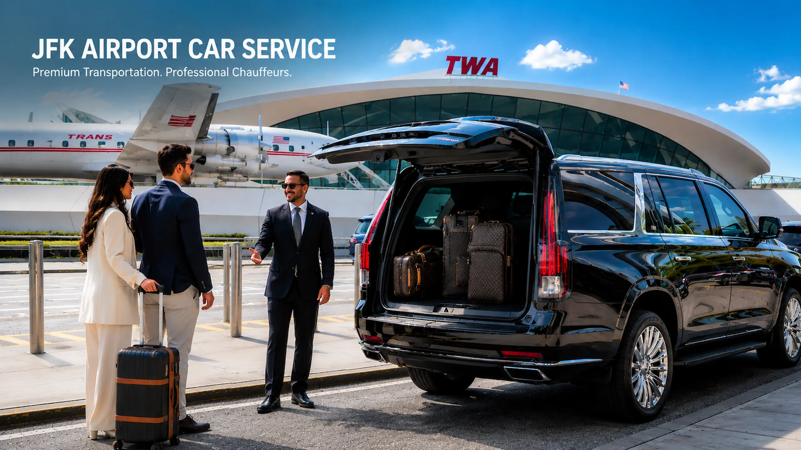 Professional chauffeur greeting arriving passengers beside a luxury black Cadillac Escalade with luggage at JFK Airport Terminal 5 in bright daylight.