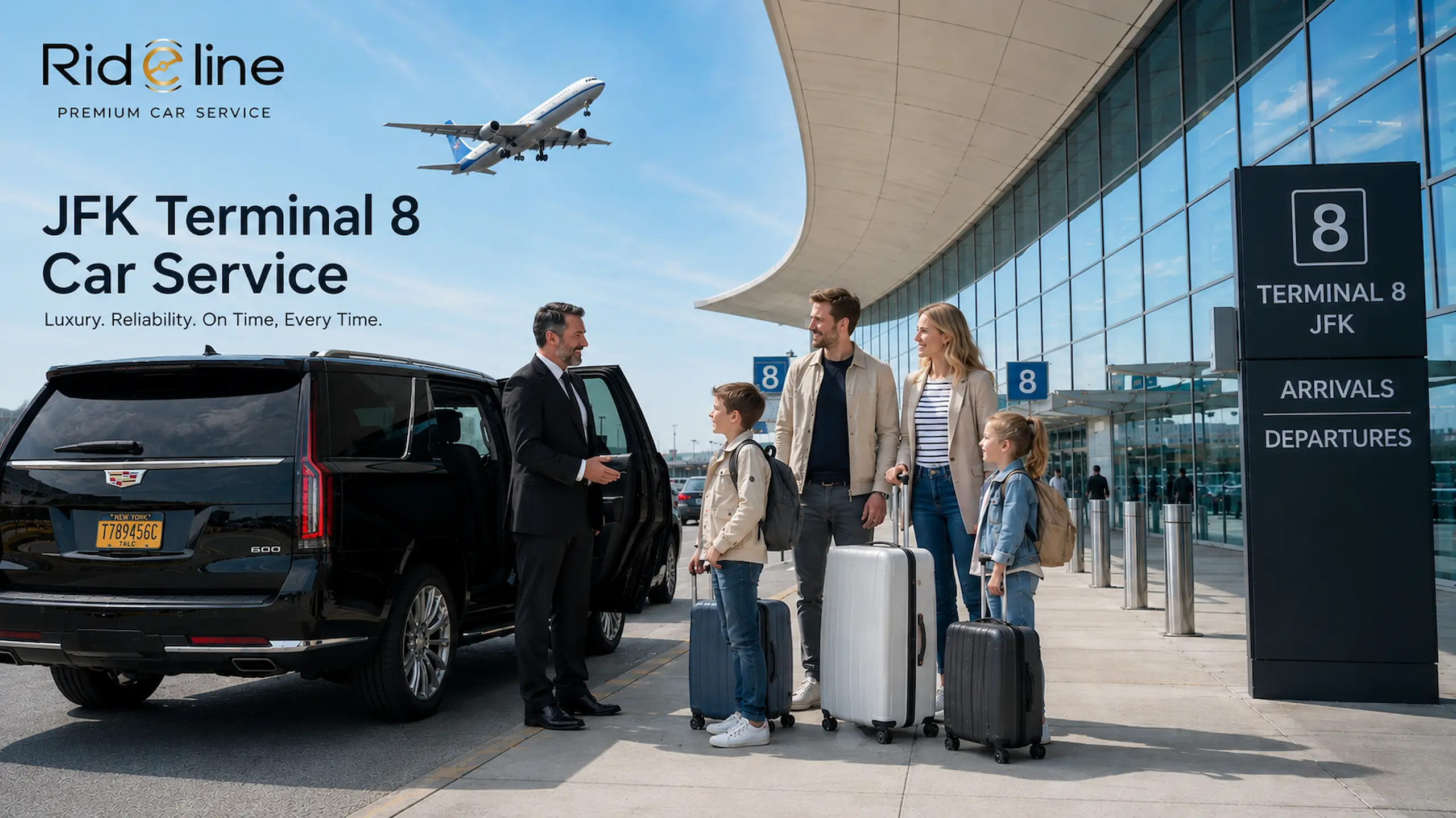 JFK Terminal 8 Car Service | Private Airport Transfers by Rideline Rideline JFK Terminal 8 car service with luxury SUV, professional chauffeur greeting a British family with luggage outside JFK Airport Terminal 8.