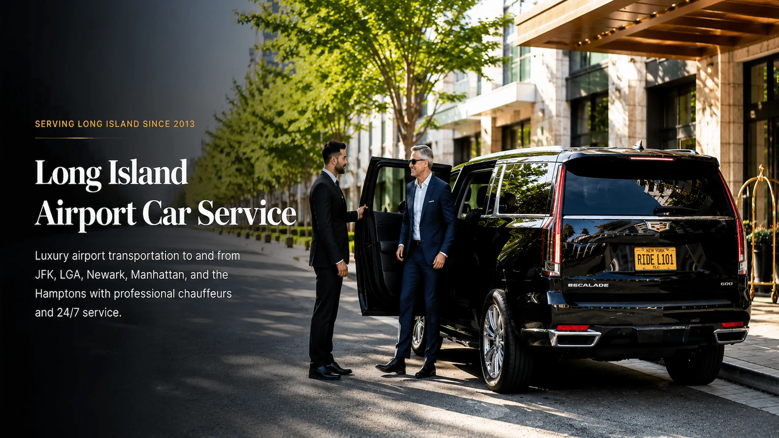 Professional chauffeur greeting an executive passenger beside a luxury Cadillac Escalade for Rideline Long Island airport car service.