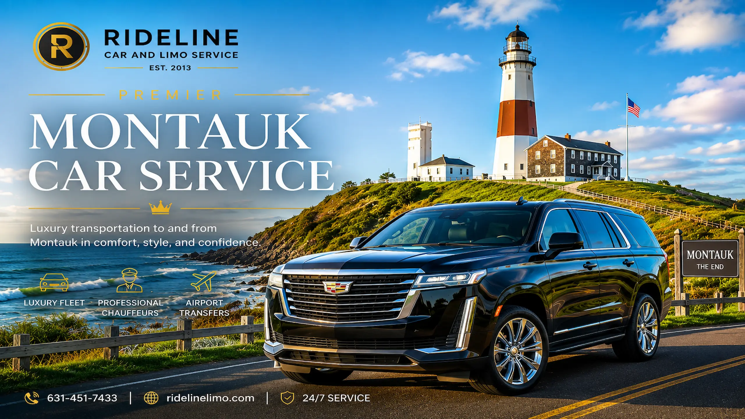 Luxury black Cadillac Escalade providing Montauk car service near the Montauk Point Lighthouse for airport transportation to and from JFK, LaGuardia, Newark Airport & Manhattan.