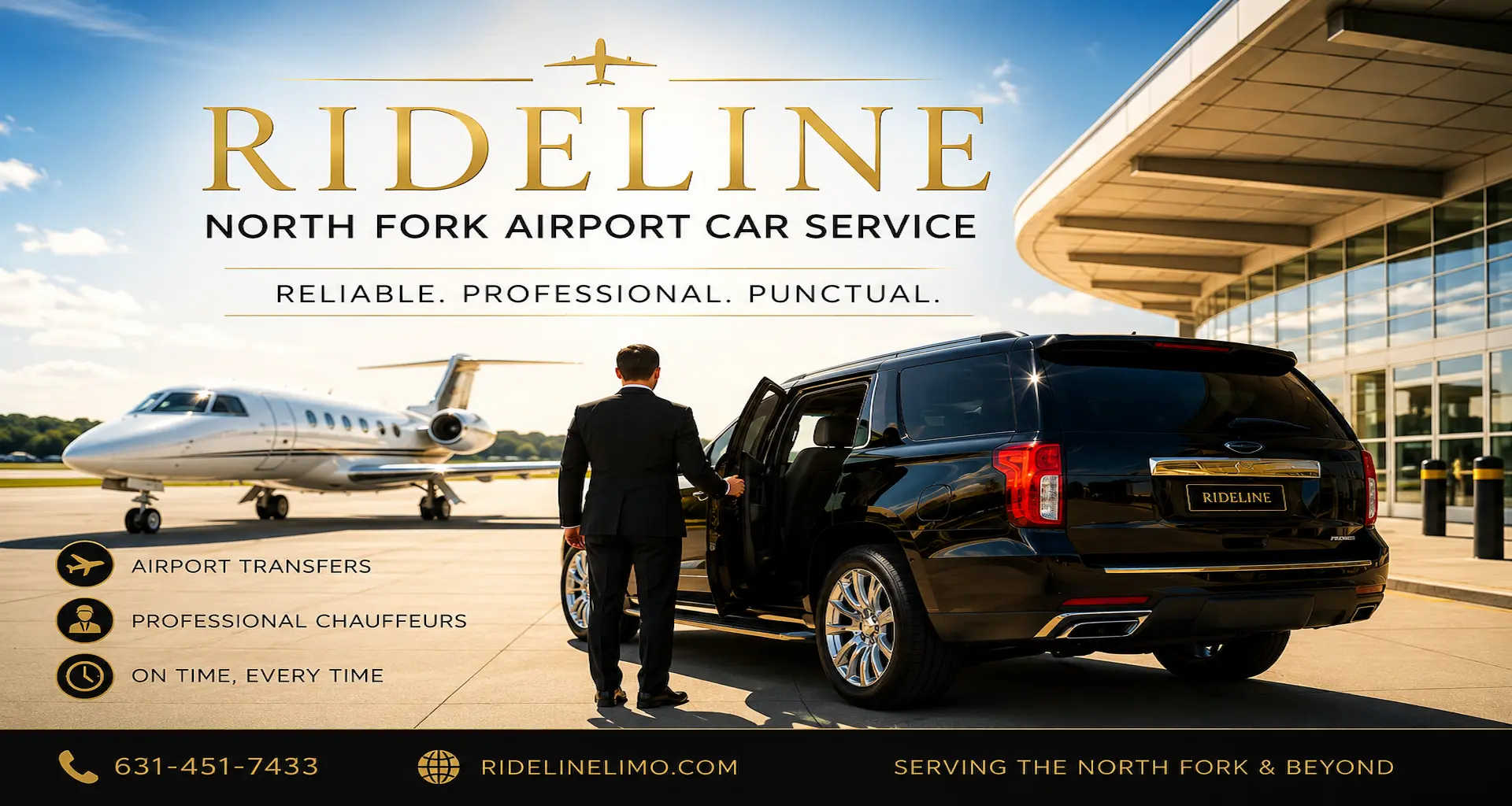 Luxury North Fork Airport Car Service with a professional chauffeur and black SUV providing transportation to JFK Airport, LaGuardia Airport, Newark Airport, Manhattan, and Long Island.