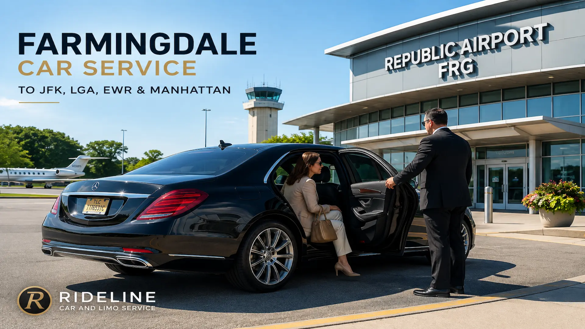 Farmingdale Car Service | Republic Airport (FRG) & NYC Chauffeur Service Rideline chauffeur assisting a passenger beside a glossy black luxury sedan outside Republic Airport (FRG) in Farmingdale on a bright sunny day.