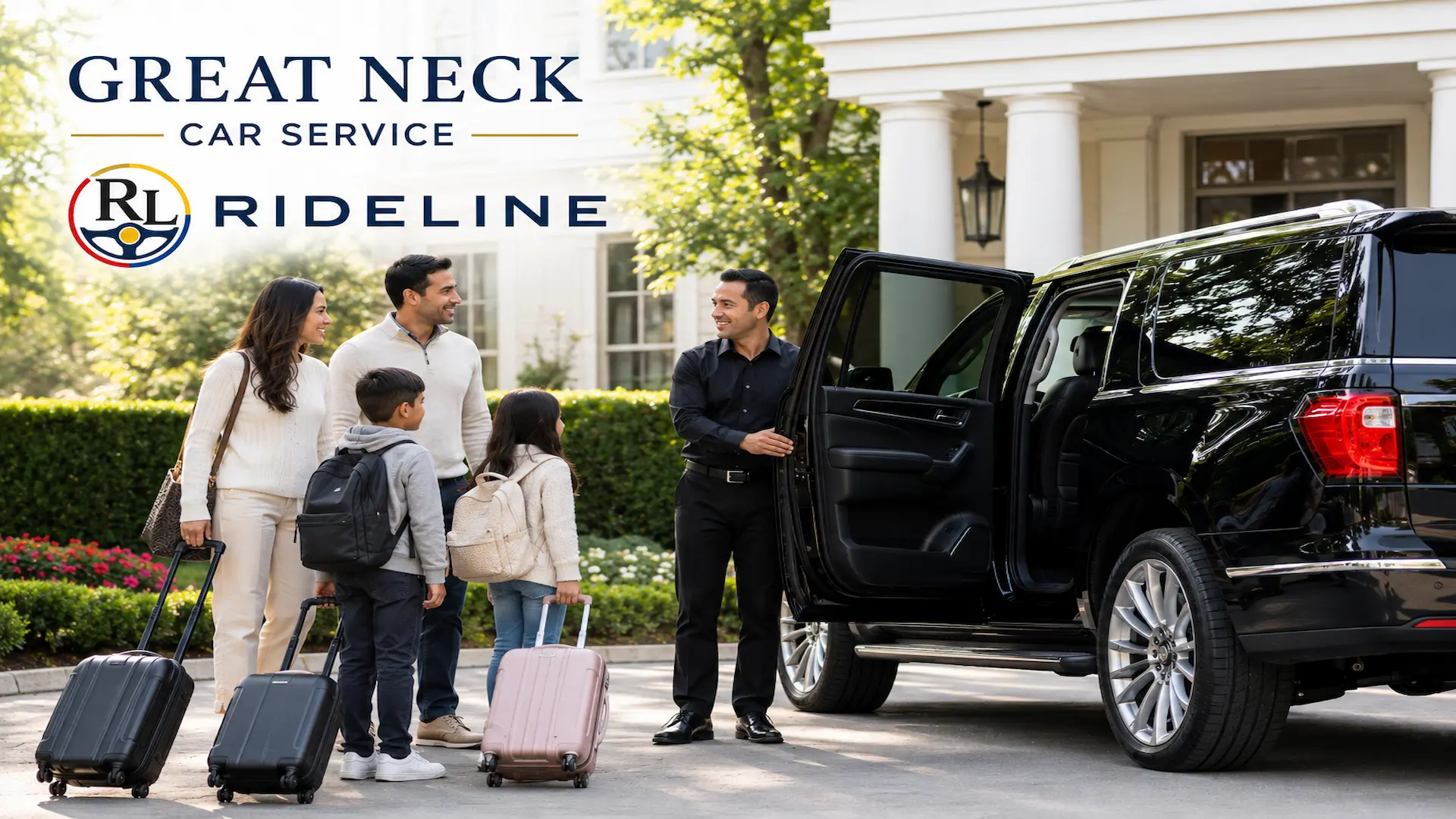 Rideline chauffeur assisting a family with luggage into a luxury black SUV in Great Neck, NY for premium car service to JFK Airport, LaGuardia Airport, Newark Airport, and Manhattan.