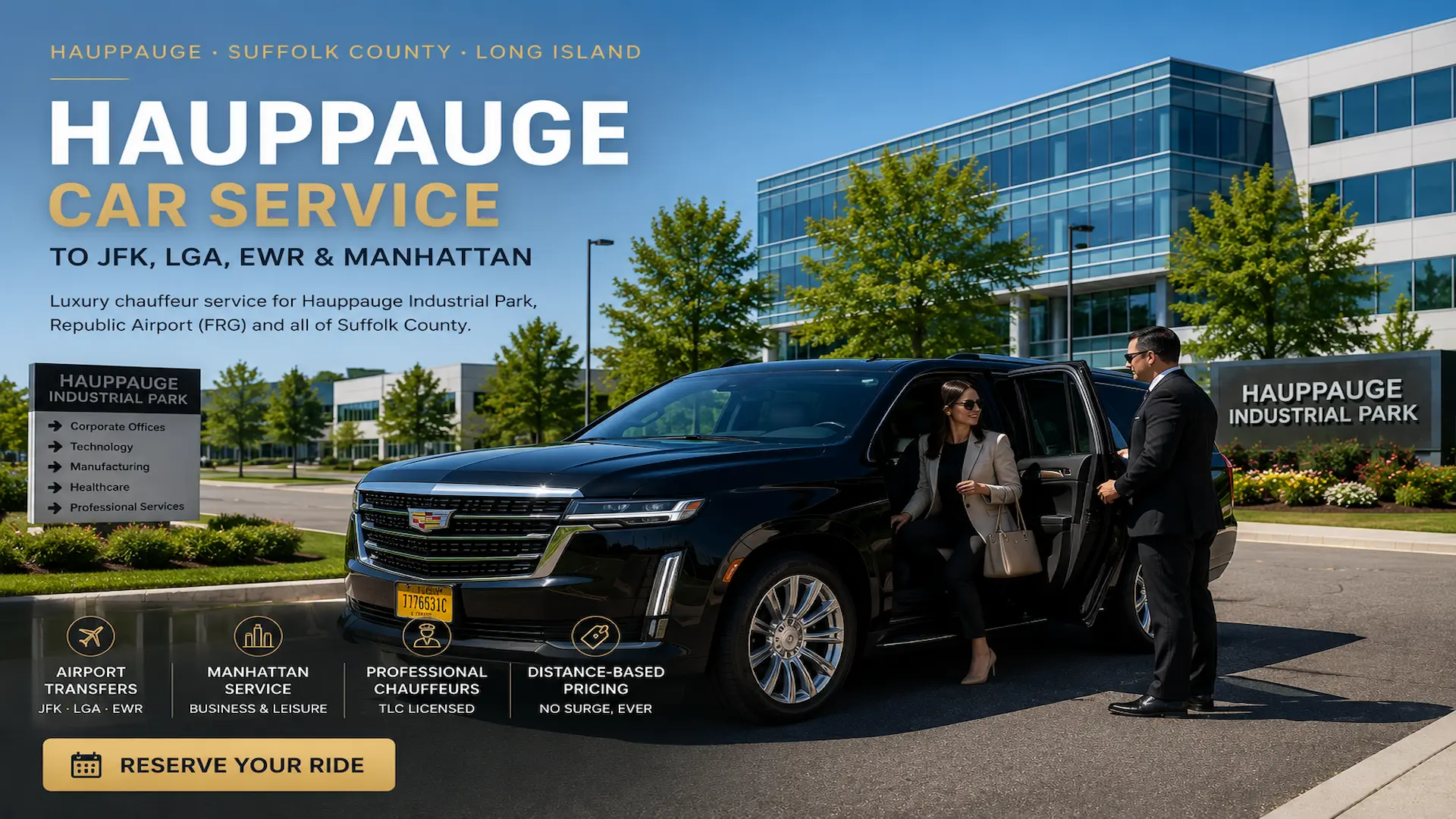 Rideline chauffeur greeting a business traveler at Hauppauge Industrial Park for professional Hauppauge car service to JFK, LaGuardia, Newark Airport, and Manhattan.