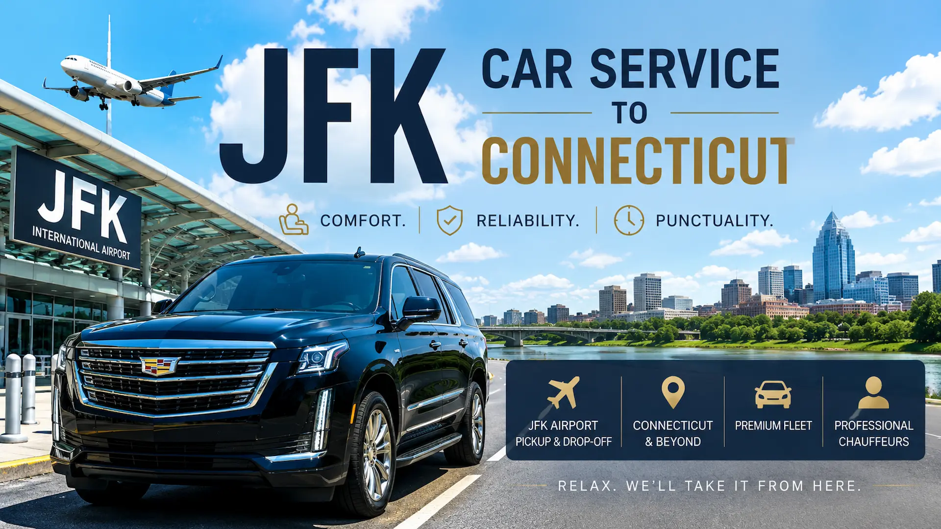 Rideline chauffeur welcoming passengers at JFK Airport for luxury car service to Greenwich, Stamford, New Haven, and destinations across Connecticut.