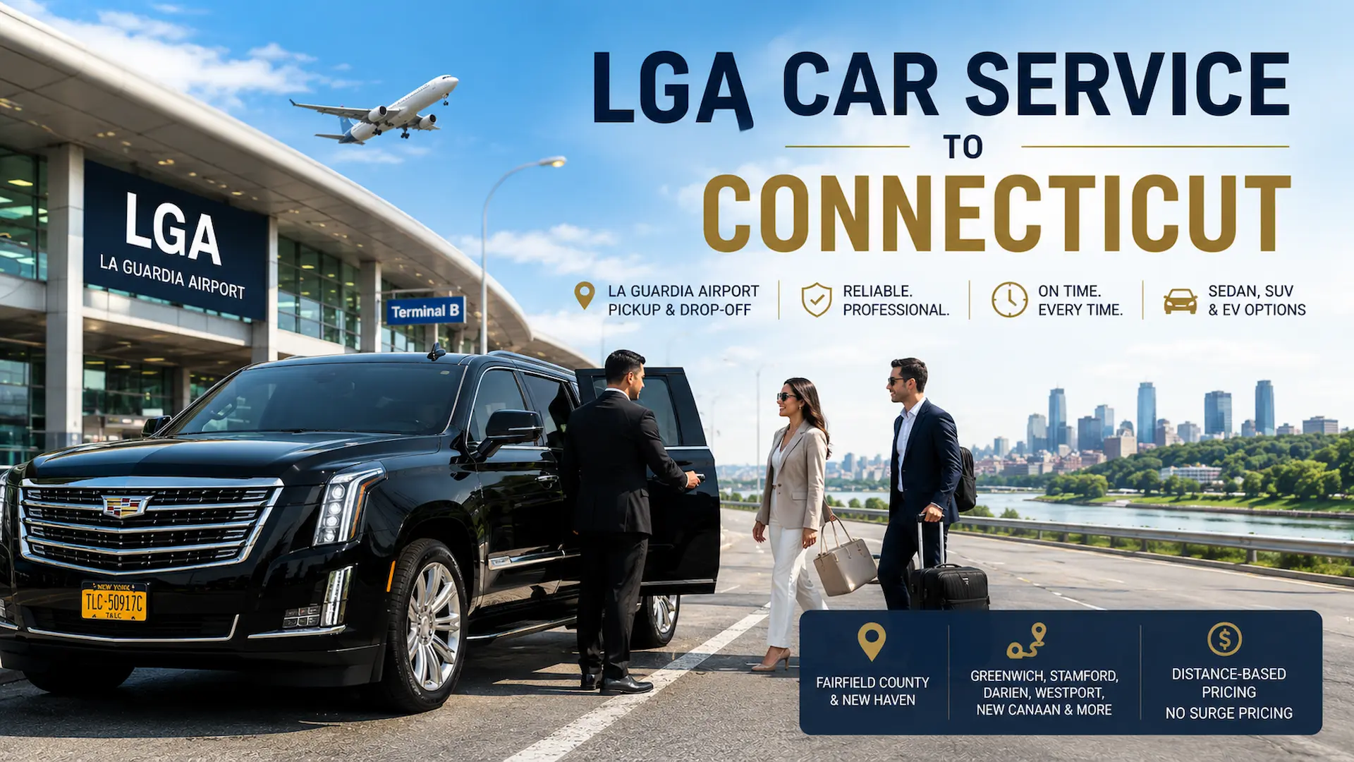 Rideline chauffeur welcoming travelers beside a glossy black SUV at LaGuardia Airport for luxury car service to Connecticut.
