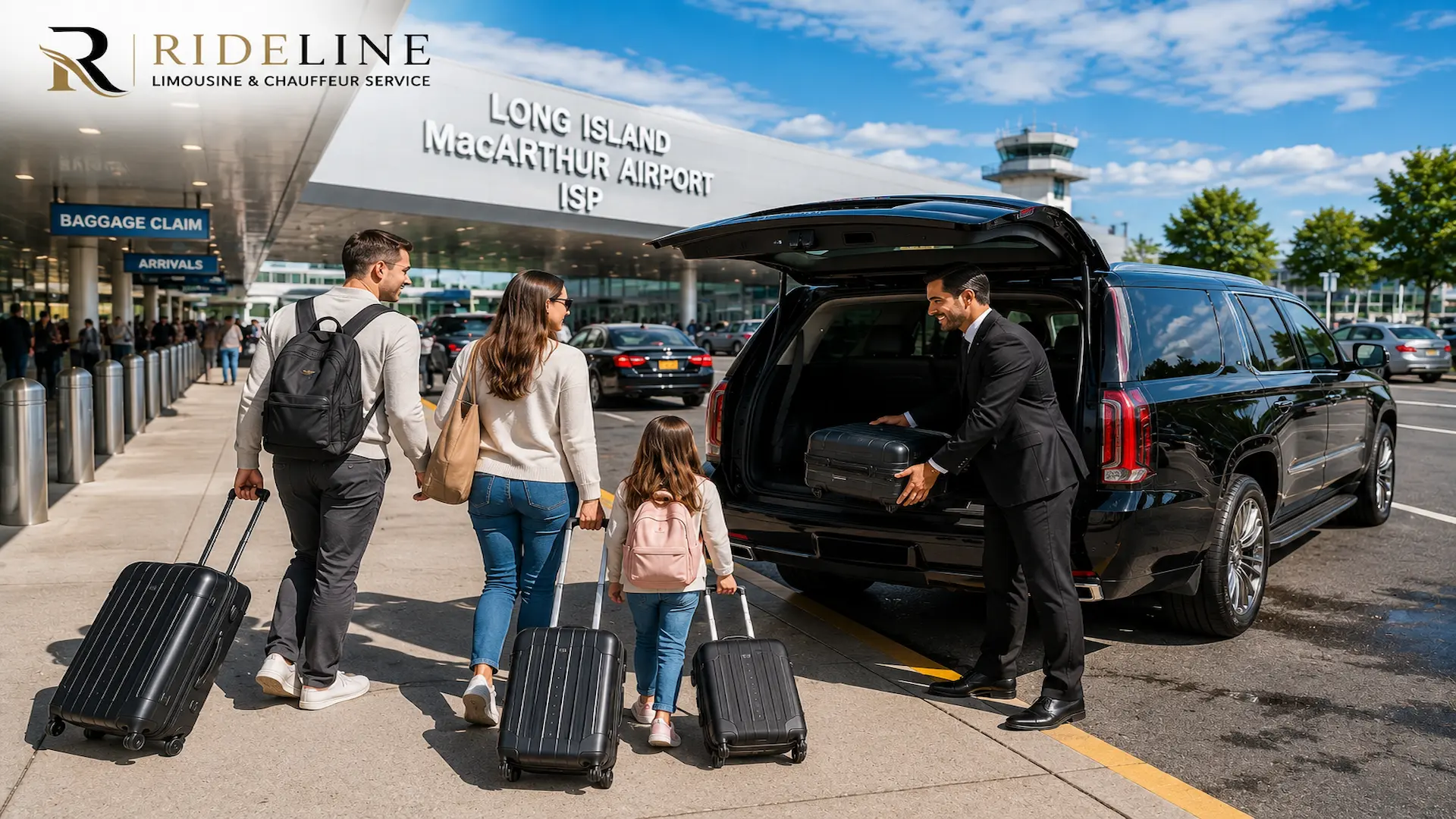 Professional chauffeur loading luggage into a luxury black SUV for a family at Long Island MacArthur Airport (ISP) curbside.