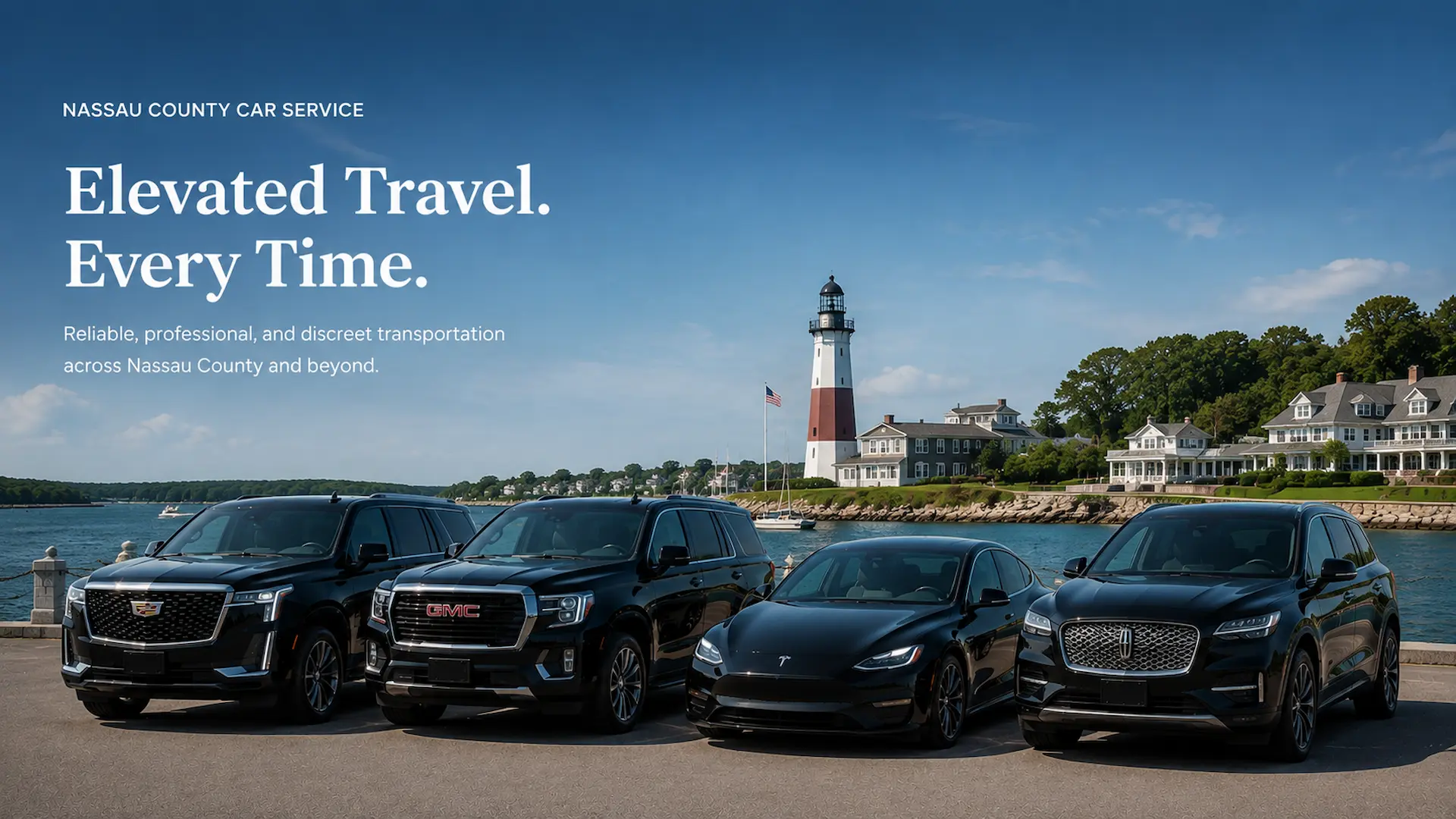 Rideline luxury fleet including a Cadillac Escalade, Chevrolet Suburban, Tesla Model Y, and Lincoln Aviator providing Nassau County car service for airport transfers, corporate travel, and NYC transportation.