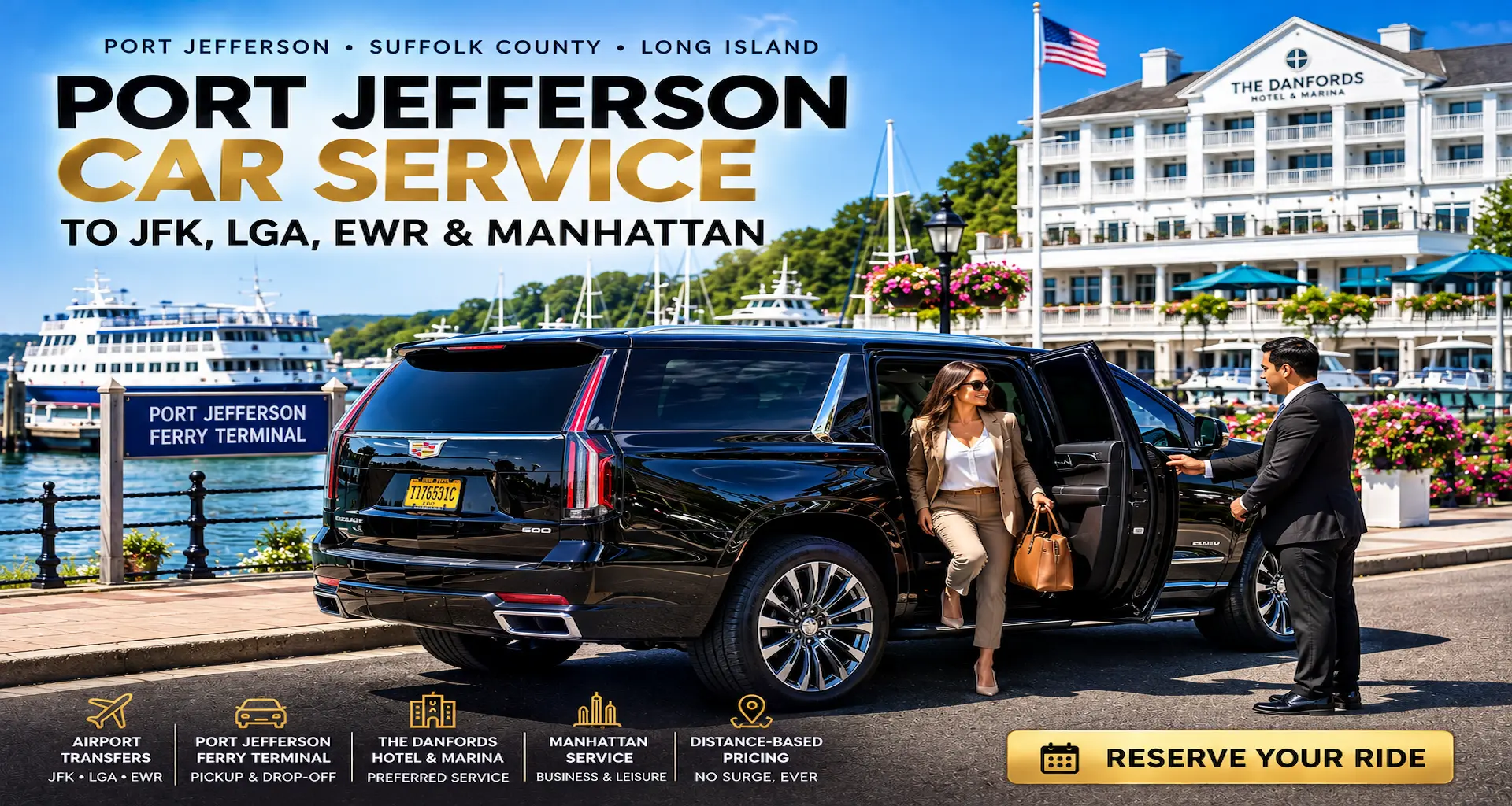 Port Jefferson Car Service | Ferry Terminal & Danfords Hotel Transportation Rideline chauffeur assisting a passenger from a glossy black luxury SUV at the Port Jefferson Ferry Terminal with The Danfords Hotel & Marina in the background.