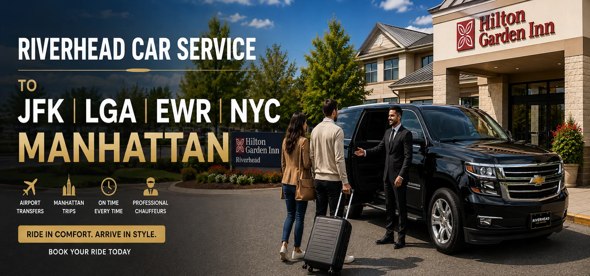 Rideline chauffeur greeting a couple beside a glossy black SUV outside Hilton Garden Inn Riverhead for car service to JFK, LGA, EWR and Manhattan.