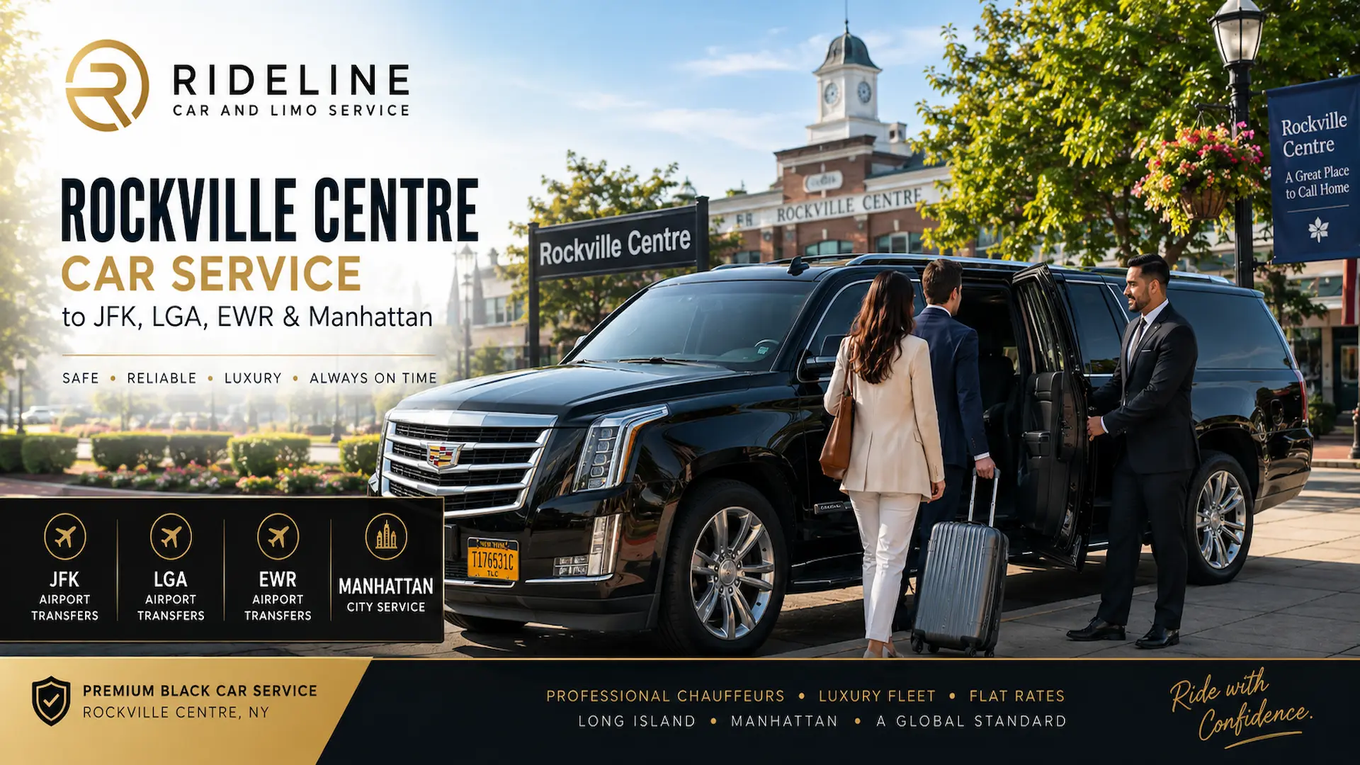 Rideline chauffeur assisting passengers into a luxury black SUV in Rockville Centre, NY for premium car service to JFK Airport, LaGuardia Airport, Newark Airport, and Manhattan.