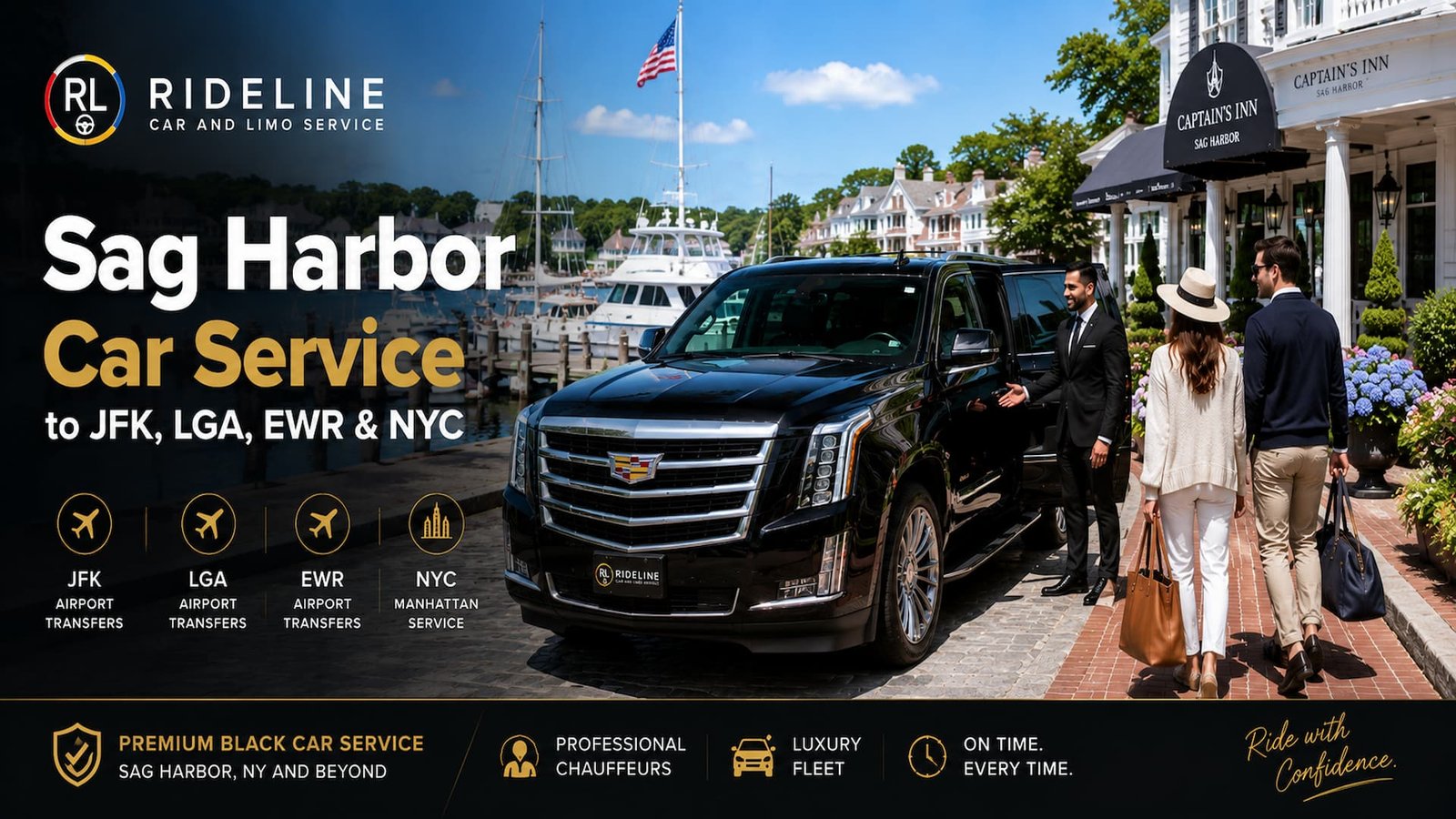 Rideline chauffeur greeting travelers outside a luxury black Cadillac Escalade near the Sag Harbor marina and Captain's Inn for premium car service to JFK Airport, LaGuardia Airport, Newark Airport, and New York City.